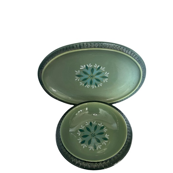 Vintage Mid Century Red Wing Pottery Green Teal Flower Serving Platter bowl set - Picture 3 of 6